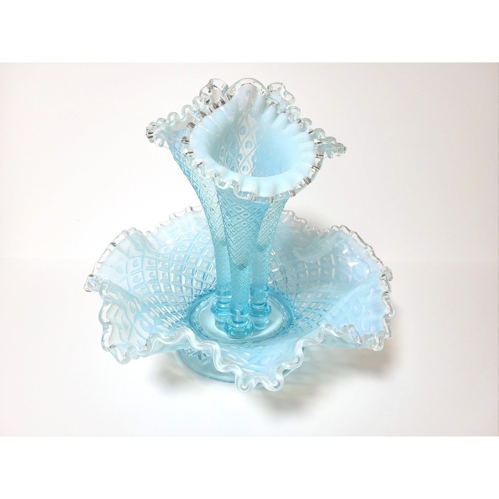 Vintage Fenton Opalescent Aqua‎ Diamond Lace Epergne Centerpiece Vase 3 Horn